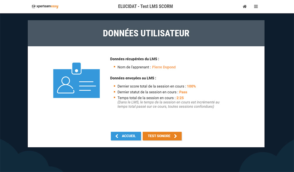 EASY-Blog-ScreenModuleTestLMS Interface de suivi des données utilisateur dans le module test